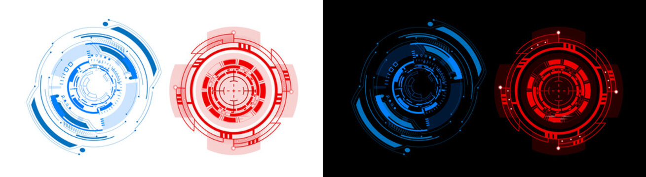 PNG image of&nbsp;Geometric blue and red abstract technology circular user interface elements with target display on transparent background. on transparent background