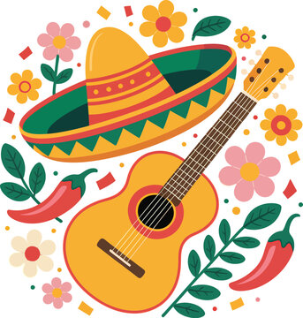 Sombrero and guitar with flowers colorful mexican fiesta illustration festive design