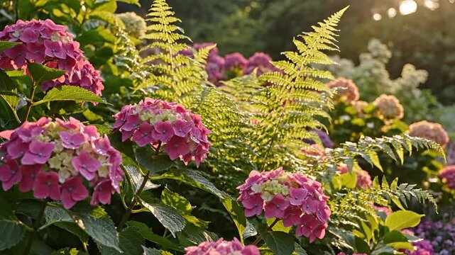 Closeup of vibrant pink hydrangeas and lush green ferns in soft sunlight.