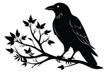 Fototapeta premium crow setting on a branch silhouette line art vector illustration with a white background
