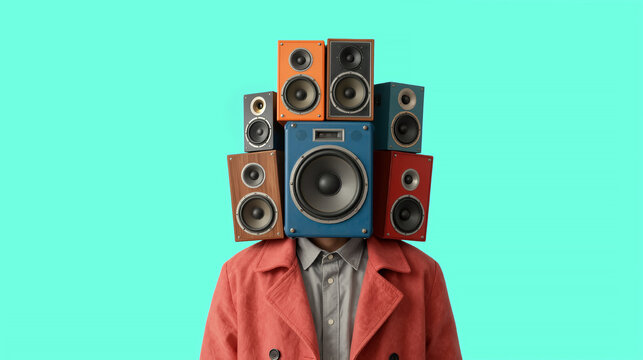 Human figure with stacked speakers replacing head, surreal sound system sculpture, retro speaker collage, conceptual art piece, metaphor.