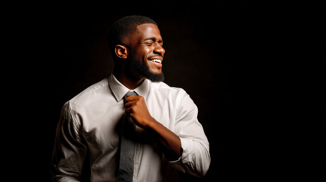 Businessman reacting positively with nod, cinematic side light, shallow focus, copy space on right