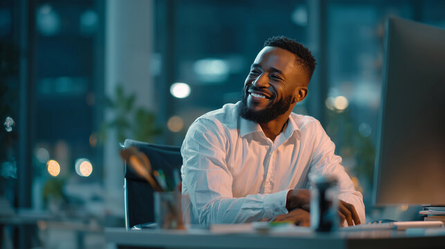 Businessman reacting positively with nod, cinematic side light, shallow focus, copy space on right