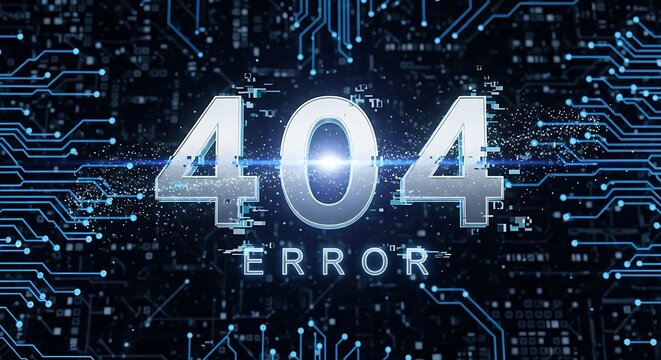 Digital 404 error message displayed amidst glowing circuit board lines. Technology