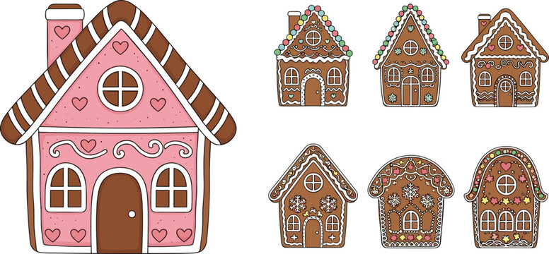 Set of festive Christmas gingerbread house vector illustrations featuring colorful candy decorations, white icing details, and various cottage architectural styles for holiday seasonal greeting 
