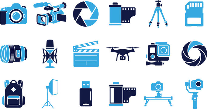 Camera and video equipment icons, technology and photography symbols, flat design.