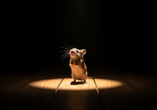 A small brown mouse standing on wooden floor in spotlight