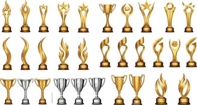 Large collection of gold and silver trophy vector icons featuring award cups, stars, flames, and abstract geometric statues for sports, corporate recognition, and academic success.
