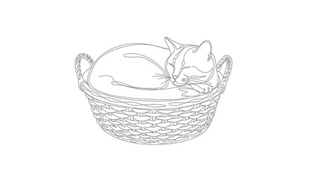 Obraz premium Sleeping Cat in Woven Basket - Line Art Illustration