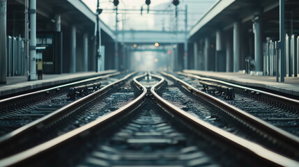Fototapeta premium Train tracks merging and diverging at a modern transport hub, offering a visual of journey, connection, and decision points on a public transit system