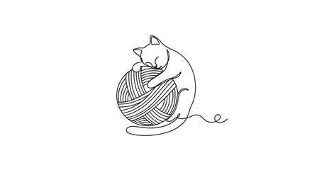 Minimalist Line Art Cat Playing with Yarn Ball on White Background © Azizi