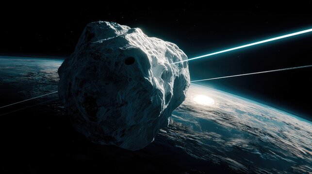 Large asteroid threatening a habitable planet, protected by advanced laser technology intercepting the impact, highlighting concepts of global defense, space exploration, and planetary safety