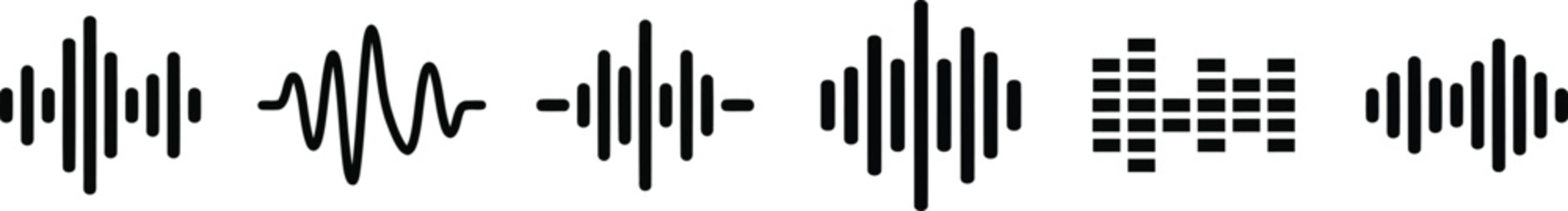 Sound wave icons, audio waveforms, equalizer symbols isolated on white background, Vector