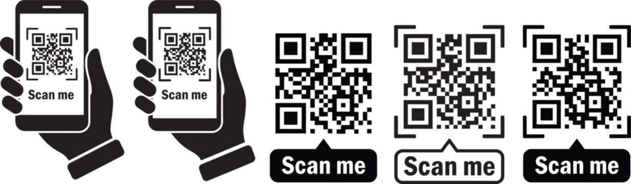Qr code scan icons with smartphones and labels isolated on white background, Vector