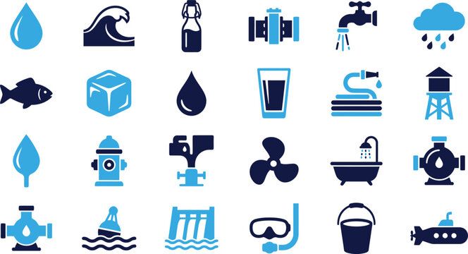 Water icons set drops waves bottle ice cube faucet rain fish and plumbing equipment for water supply.