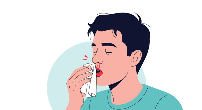 Worried young man with a severe nosebleed using a white paper tissue to stop the blood in flat vector illustration.