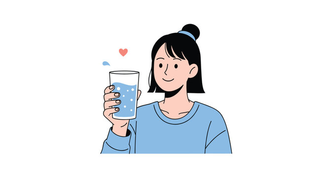 Happy young woman holding a glass of water and smiling for healthy hydration concept in flat vector illustration.
