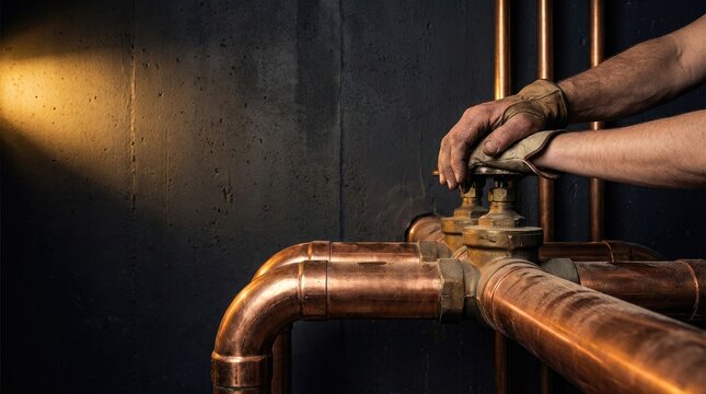Industrial worker in gloves manipulating copper pipe valves in dark technical facility room.