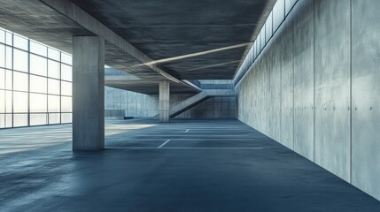 Naklejka premium Empty multi story parking garage interior showcasing minimal brutalist architecture, raw concrete surfaces, and abstract light and shadow patterns across the floor