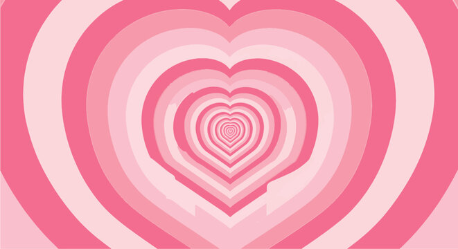 Abstract pink heart tunnel background with concentric shapes and retro aesthetic pattern for romantic greeting cards and digital design vector illustration