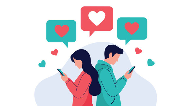 Man and woman standing back to back while ignoring each other and looking at their smartphones with heart bubbles above.