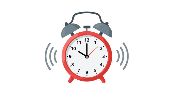 A red vintage style alarm clock ringing on a white background