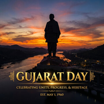 Silhouette of Statue of Unity at Sunset Celebrating Gujarat Day