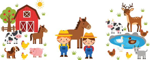 Naklejka premium Collection of cute farm vector illustrations featuring a red barn, farmers, and animals including cow, horse, pig, chicken, goat, and deer for children's designs.