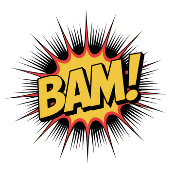 Comic book style "bam!" explosion text isolated on with " in bold yellow isolated on transparent background
