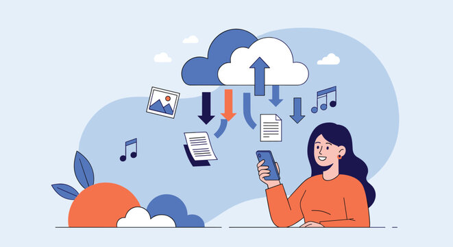 Young woman using a smartphone to manage files in the cloud with upload and download icons representing data storage.