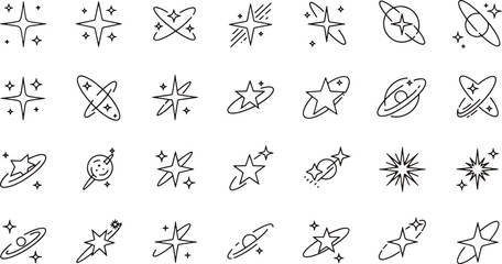 Set of minimalist line icons featuring twinkling stars sparkling planets cosmic galaxy elements and celestial symbols for graphic design vector illustration © Abul