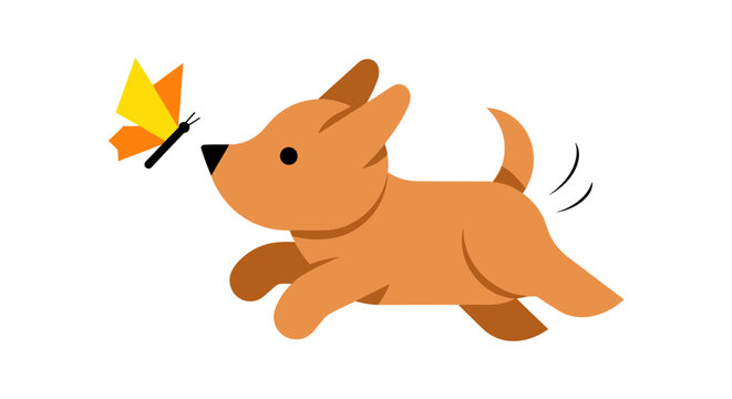 A playful cartoon dog chasing a colorful butterfly in mid air