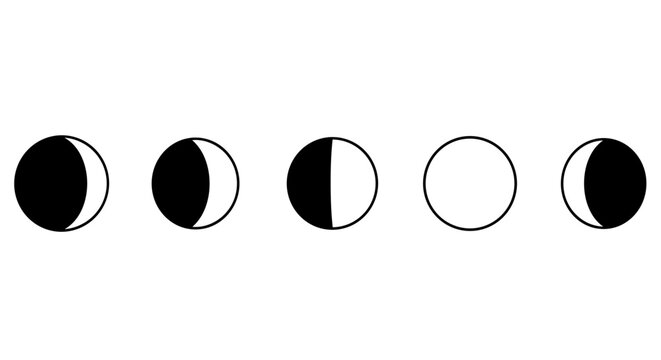 A vector graphic illustration of five phases of the moon in a row