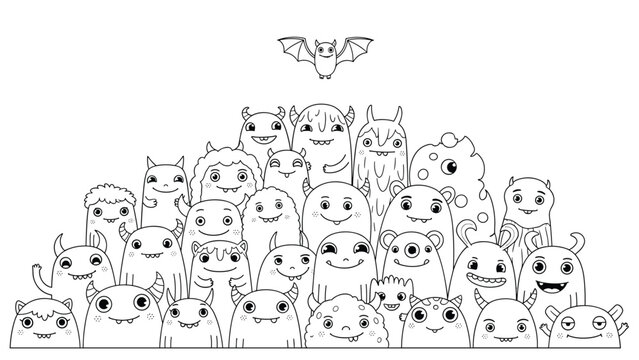 Large group of cute and funny monster characters in a detailed black and white doodle style with a small bat flying above.