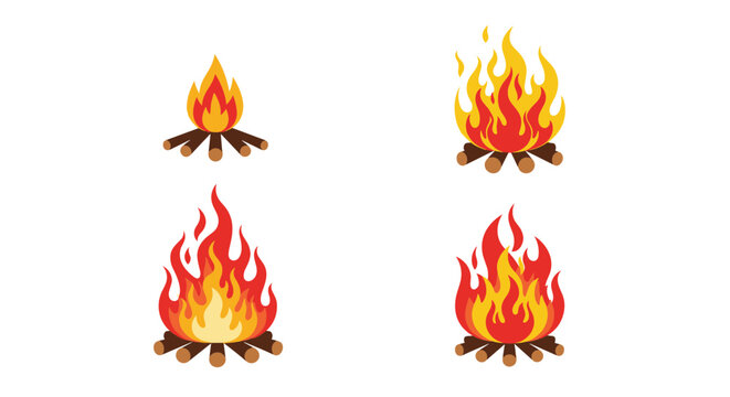 A set of four different campfire illustrations in various flame stages