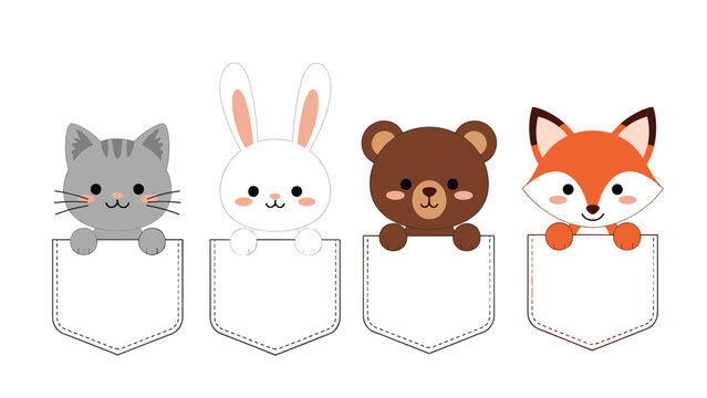 Set of four adorable animal characters including cat, rabbit, bear, and fox peeking out from white shirt pocket designs.