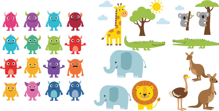 Large collection of cute monster and wild animal vector icons featuring giraffe, elephant, lion, crocodile, kangaroo, and colorful alien characters for children's educational design projects.
