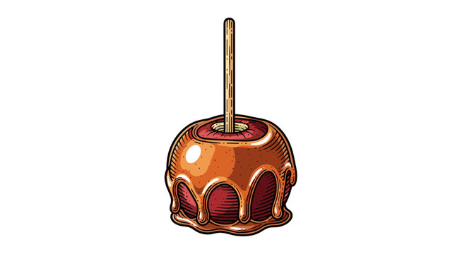 A vector graphic illustration of a candy apple with caramel coating