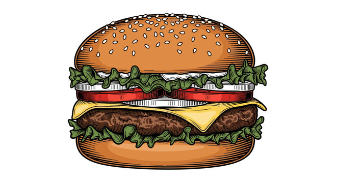 A colorful illustration of a cheeseburger with lettuce and tomato