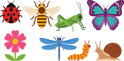 Colorful Insects and Flowers Including Ladybug, Bee, Grasshopper, Butterfly, Dragonfly, Caterpillar, Snail, and Flower for Nature and Wildlife Designs © MdSoleman