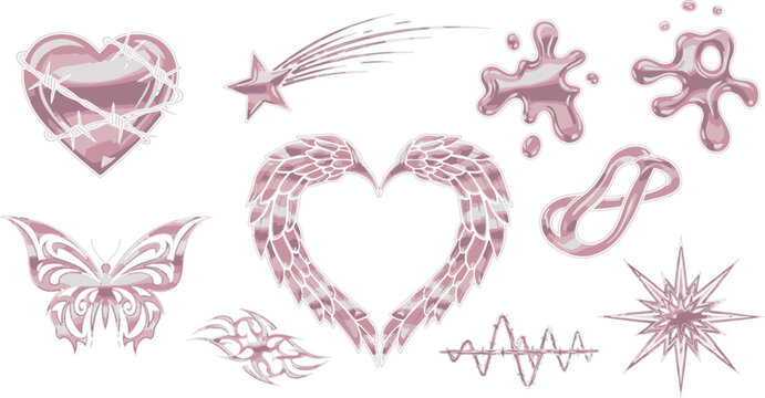 Pink metallic liquid chrome y2k aesthetic icons set featuring hearts butterflies stars and tribal design elements in a vector illustration