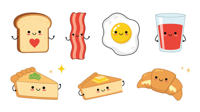 Selection of happy breakfast food characters with cute faces including bread, bacon, fried egg, juice, and a croissant.