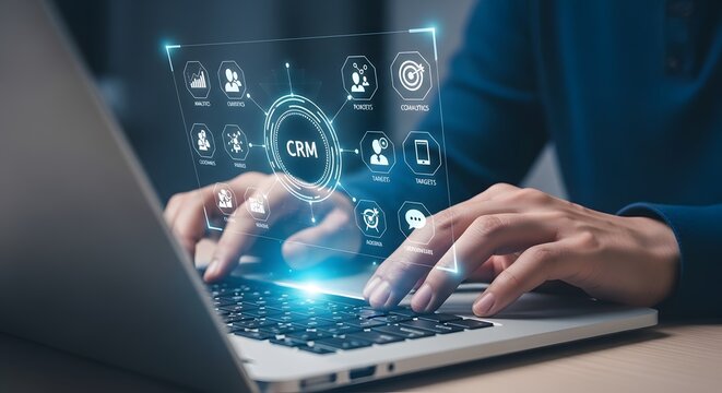  Business CRM and Customer Data Management Interface with Hands Typing on Laptop, Futuristic Sales Analytics Dashboard, and Digital Workflow Concept