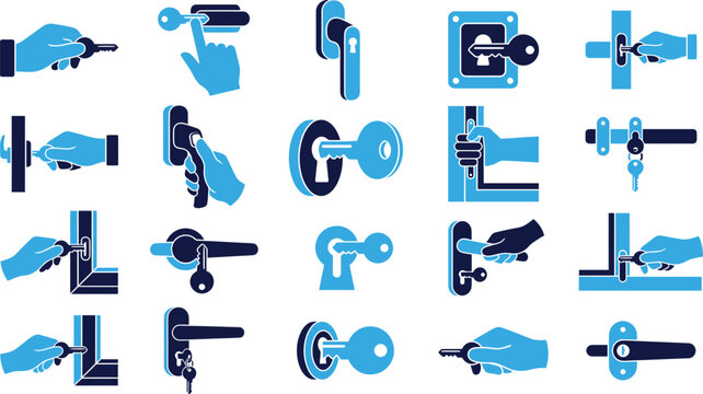 Various door handle and lock icons showing key insertion and turning actions.