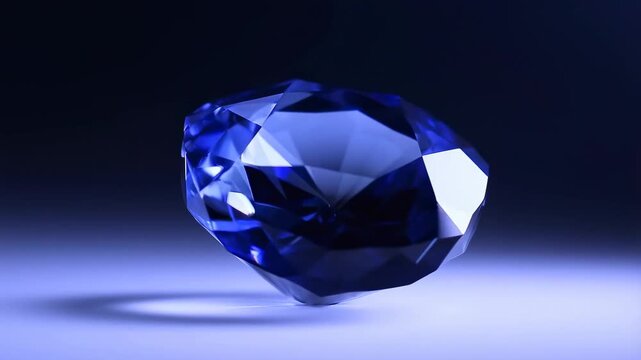 Slow motion close up of blue faceted gemstone rotating and rising above reflective surface in dark studio lighting with subtle dolly in