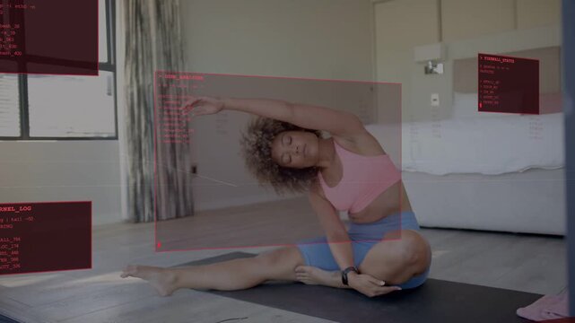 Woman raising outer arm overhead, leaning into seated side-stretch, fitness overlays tracking form