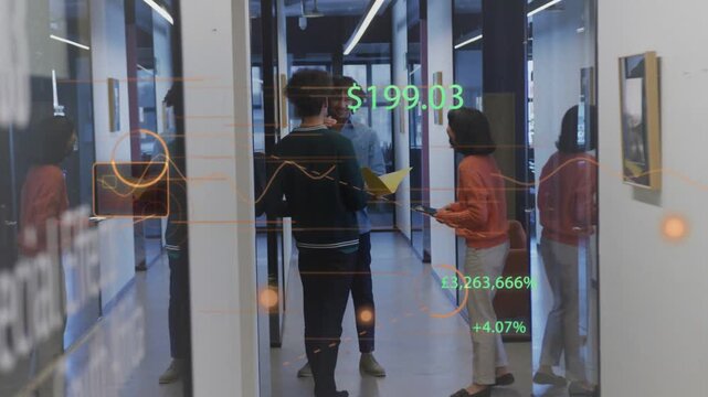 Team meeting in corridor, newcomer walking in, swapping yellow folder and phone, viewing finance AR