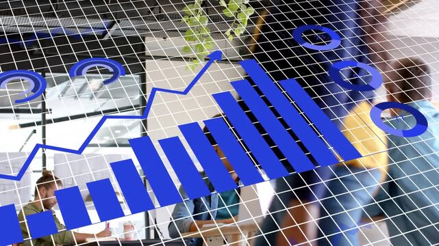 Center woman reacting to standing man gesturing, blue charts appearing on grid for business data