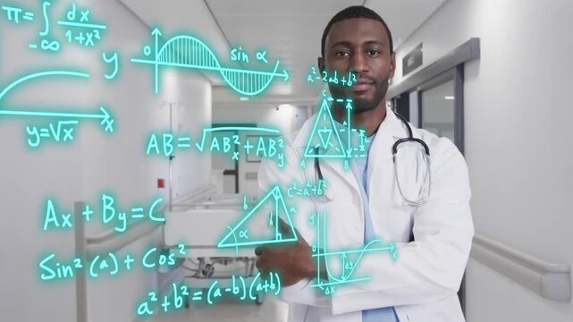 Doctor walking hospital hall causing teal graphs forming and showing health data while folding arms