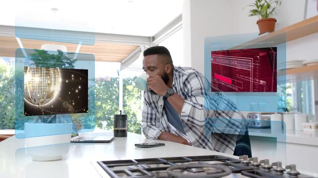 Man glancing at phone activating holograms cycling icons DNA, stocks, clips around laptop for media